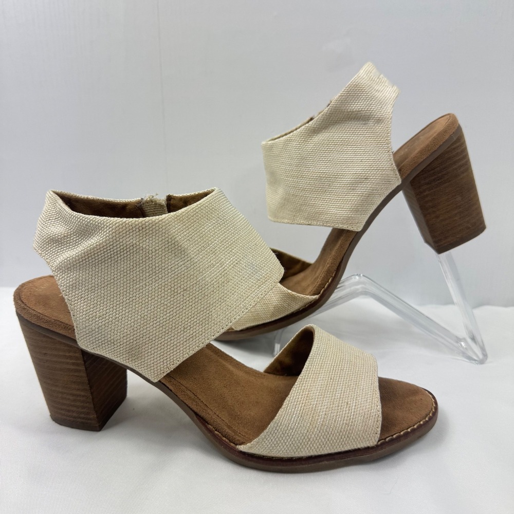 TOMS Majorca Cutout Sandals Cream Canvas Metallic Block Heel Women 9.5 10009814